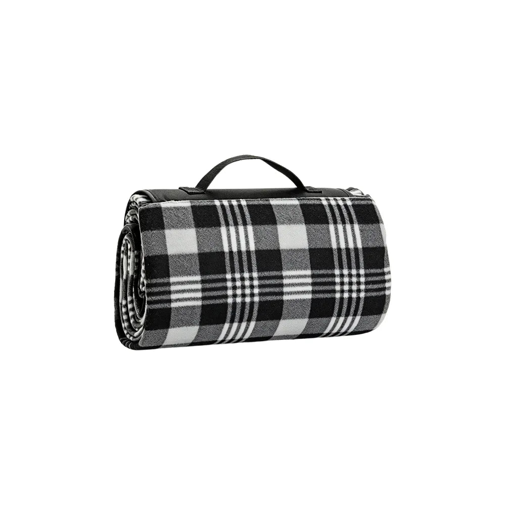 Folded black and white check picnic mat showing the black carry case flap and handle, no Wumble branding applied