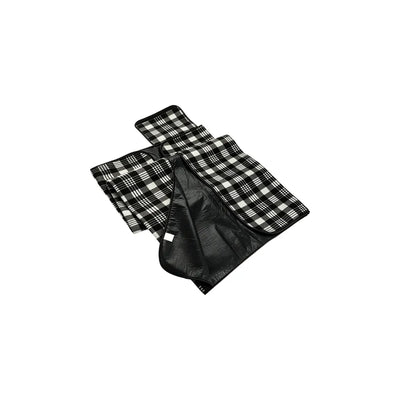 Folded black and white check picnic mat showing the black carry case flap and handle, no Wumble branding applied