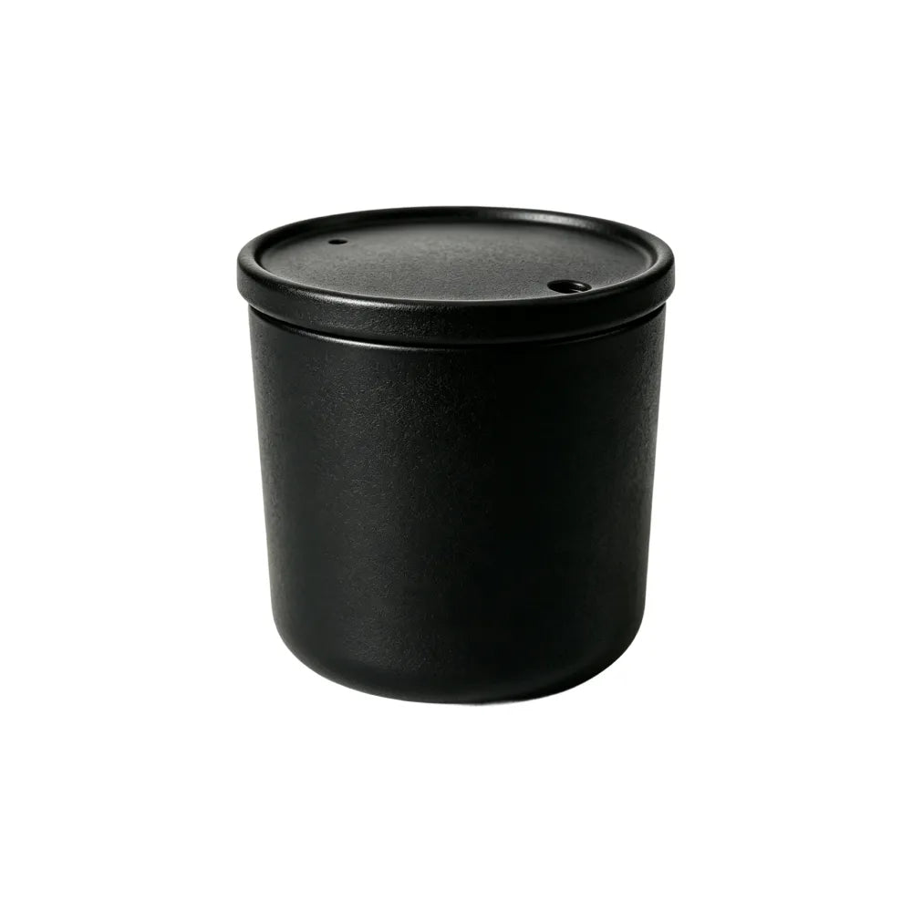 Black 240ml reusable coffee drip bag cup with matching press-on lid on a white background, no branding applied