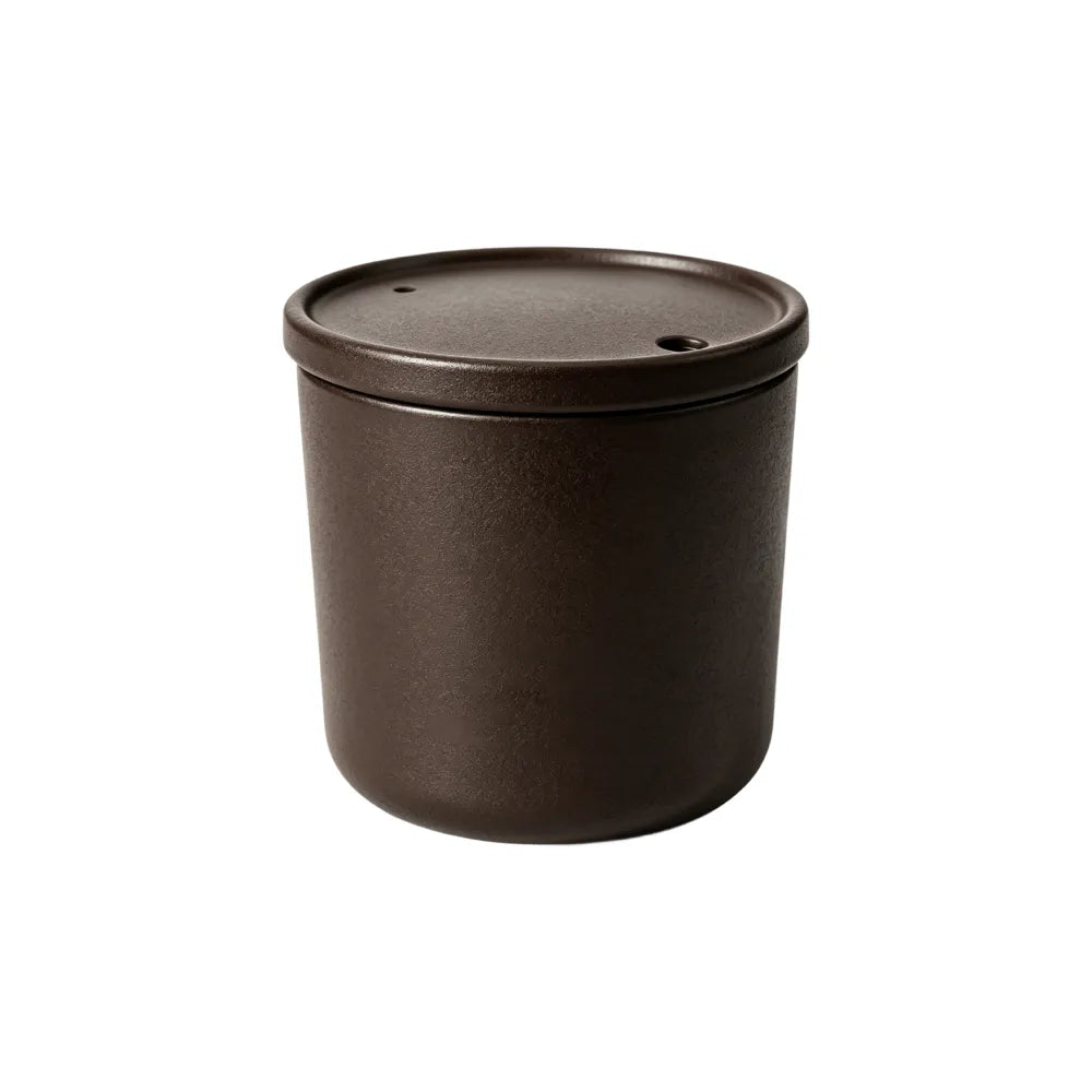 Dark brown 240ml reusable coffee drip bag cup with matching press-on lid on a white background, no branding applied