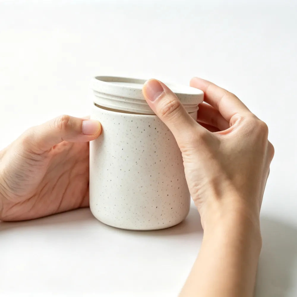 Hands placing the speckled off-white lid onto a reusable coffee drip bag cup on a white surface, showing the press-on lid fit
