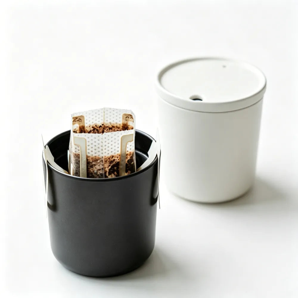 A coffee drip bag brewing inside a black reusable drip bag cup beside a lidded off-white cup on a white surface, demonstrating pour-over use