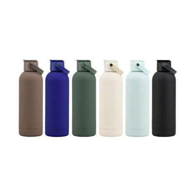 SIx drink bottles in the full colour range, arranged in a row on a white background.