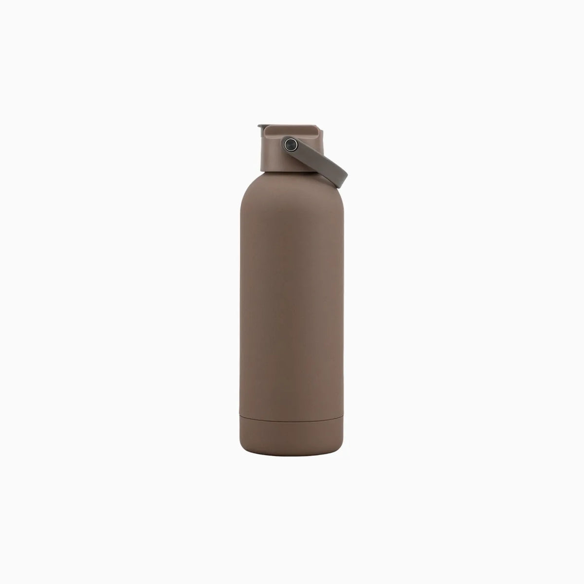 Ash brown drink bottle with a straw spout lid and a fold-down carry strap.