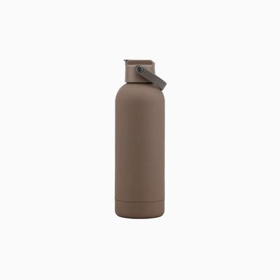 Ash brown drink bottle with a straw spout lid and a fold-down carry strap.