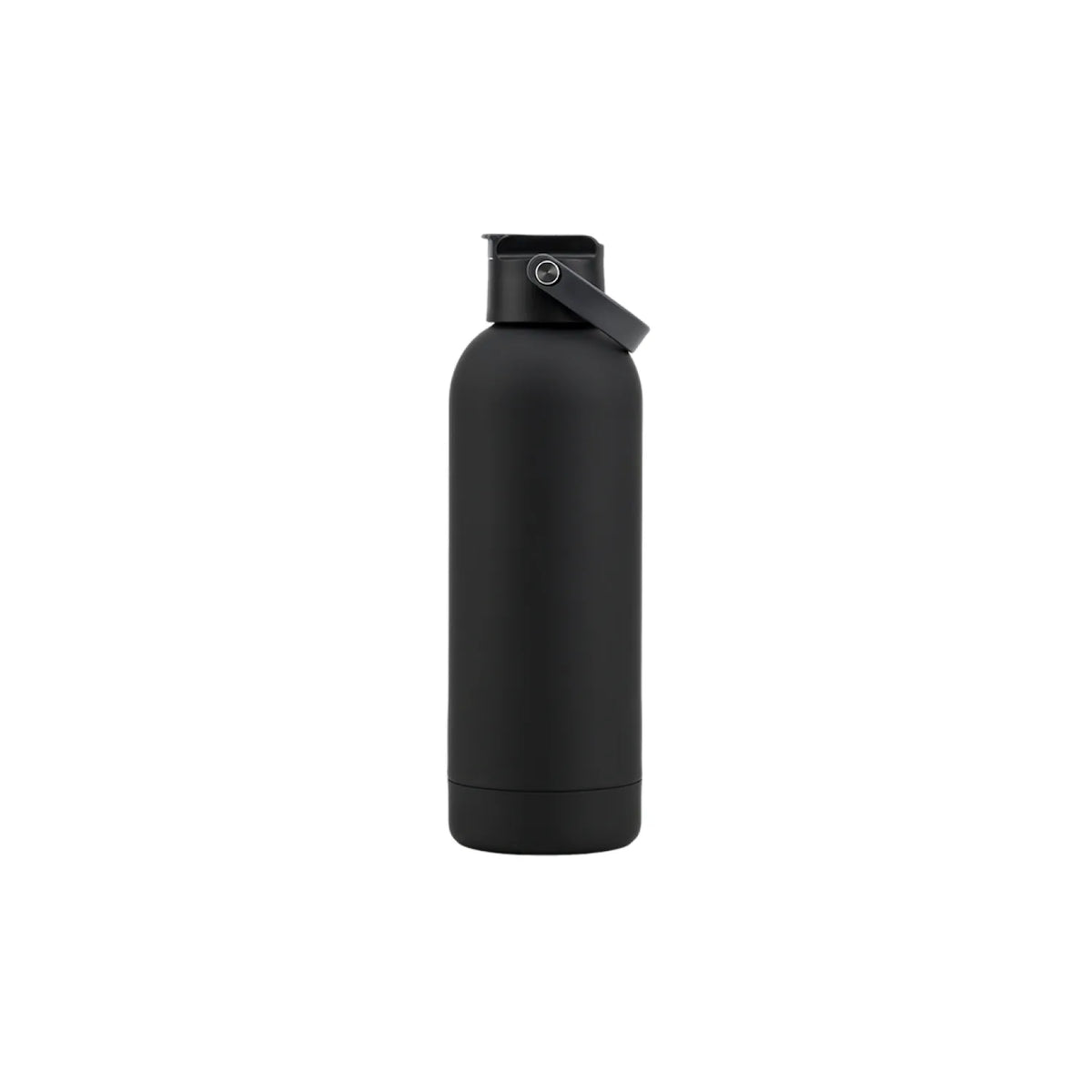 Matte black drink bottle with a straw spout lid and a fold-down carry strap.