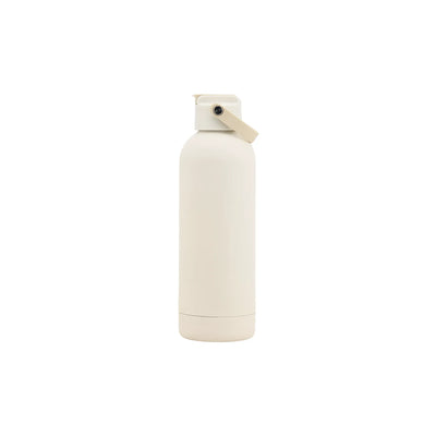 Cream white drink bottle with a straw spout lid and a fold-down carry strap.