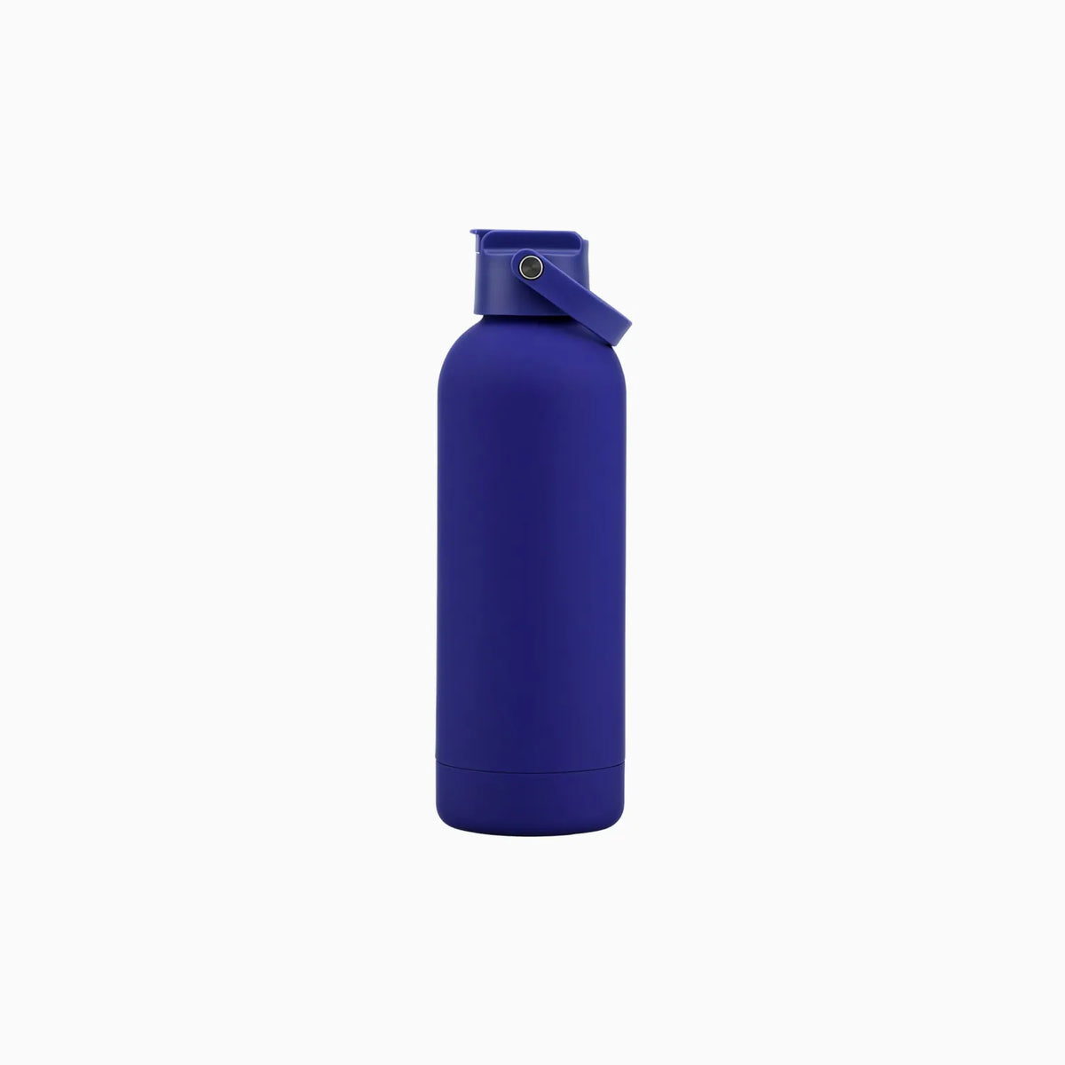 Indigo blue drink bottle with a straw spout lid and a fold-down carry strap.