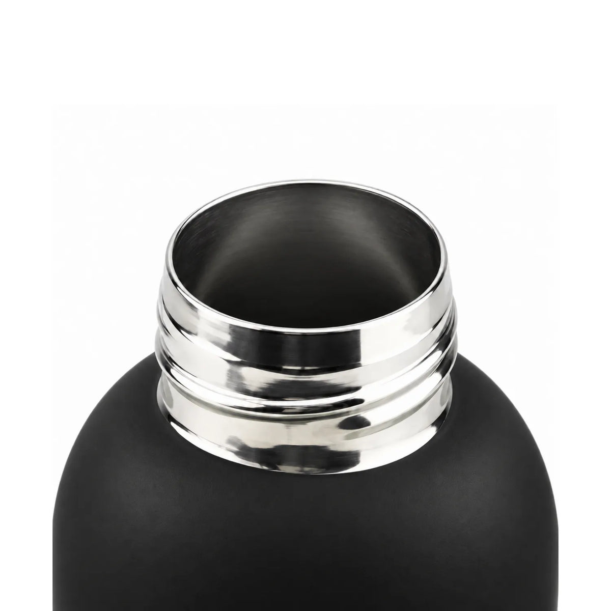 Black drink bottle with the lid off, showing a polished silver-toned threaded neck.