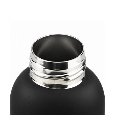 Black drink bottle with the lid off, showing a polished silver-toned threaded neck.