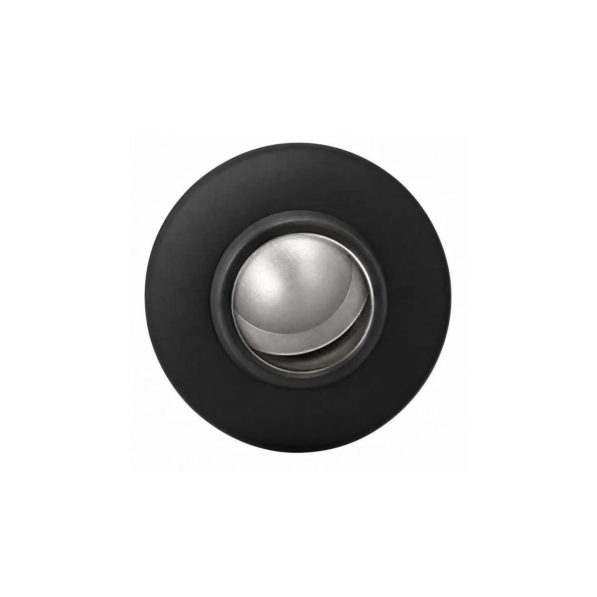 Top-down view into a black drink bottle mouth, showing a rounded silver-toned stopper in the opening.