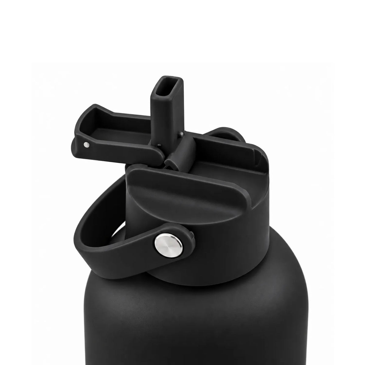 Close view of a black lid with the straw spout raised, a hinged cover and a riveted carry strap.