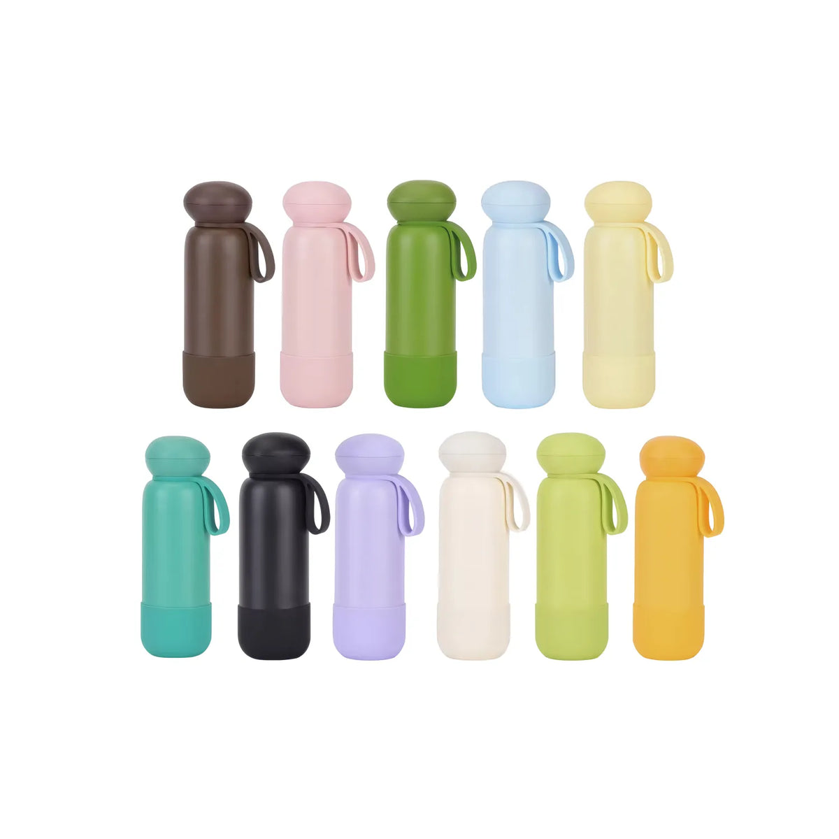 Eleven drink bottles in the full colour range, arranged in two rows on a white background.