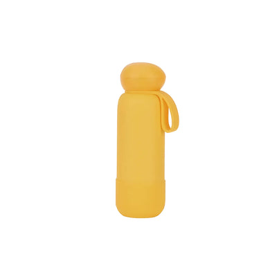 Amber yellow drink bottle with a rounded dome cap, short loop strap and a matching base band.