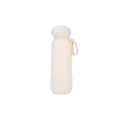 Cream white drink bottle with a rounded dome cap, short loop strap and a matching base band.