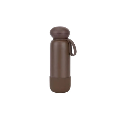 Dark brown drink bottle with a rounded dome cap, short loop strap and a matching base band.