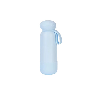 Soft blue drink bottle with a rounded dome cap, short loop strap and a matching base band.