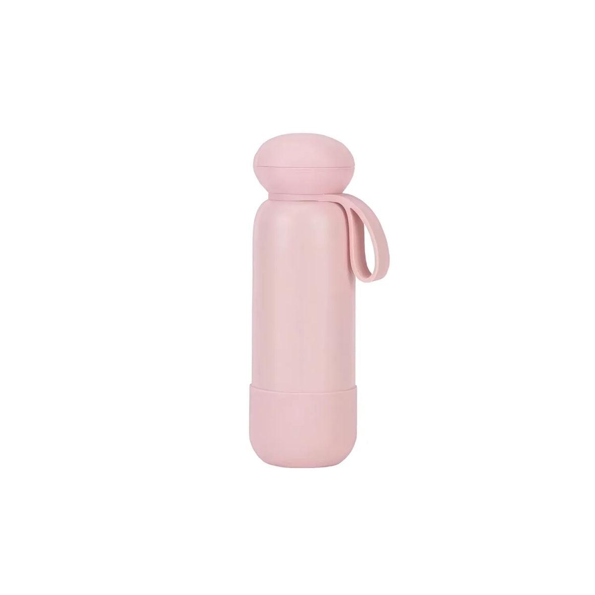 Soft pink drink bottle with a rounded dome cap, short loop strap and a matching base band.