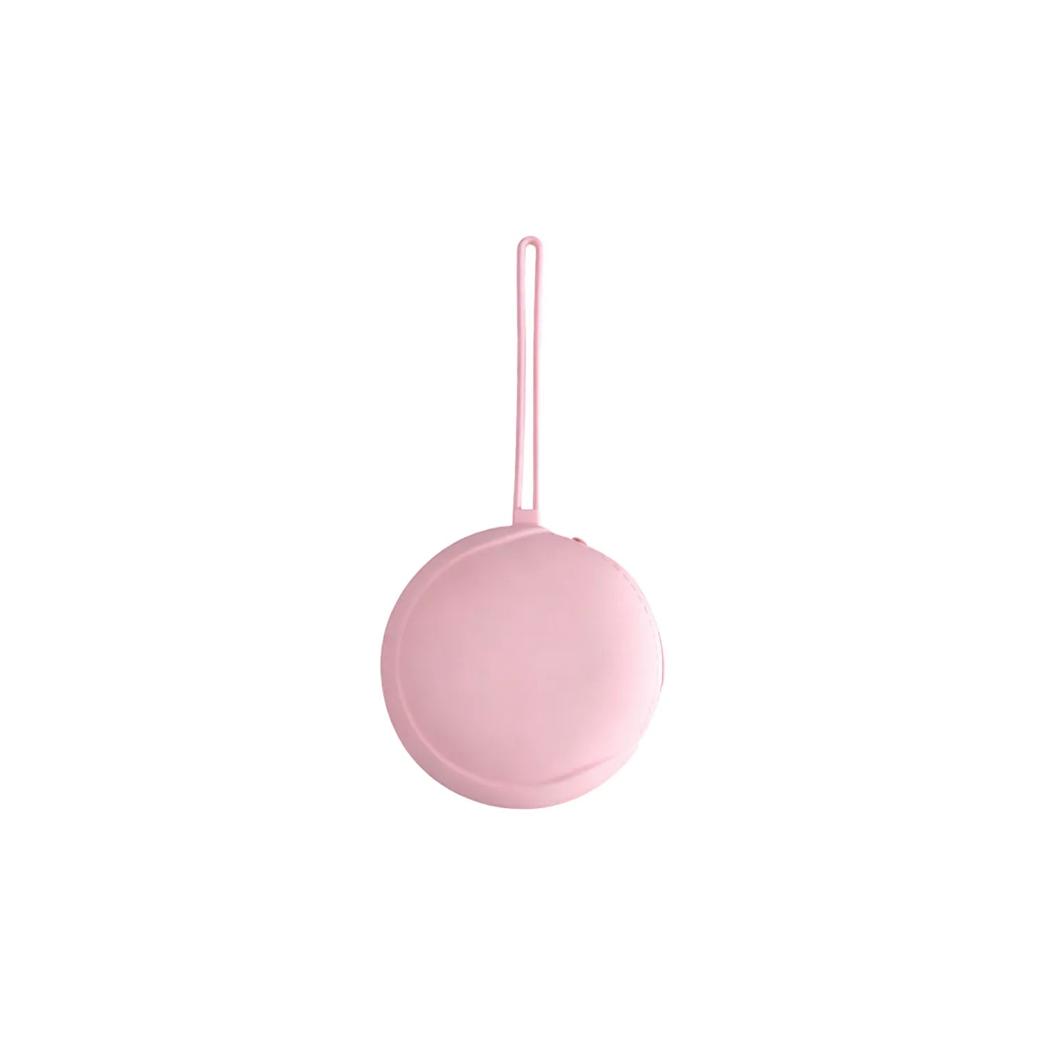 Pink round silicone zip pouch on a white background hanging from its silicone loop, side zip visible, no Wumble branding applied