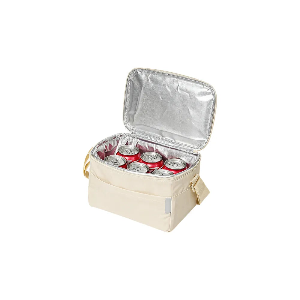 Custom branded RPET insulated lunch bag in cream with carry handle, sustainable bulk merch Australia by Wumble