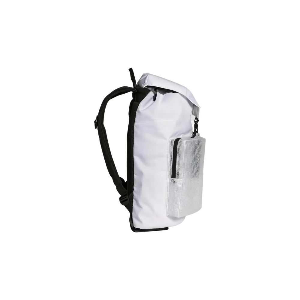 Custom branded RPET sports backpack in white with EVA mesh pockets and colourful strap, eco corporate bag Australia by Wumble Merch