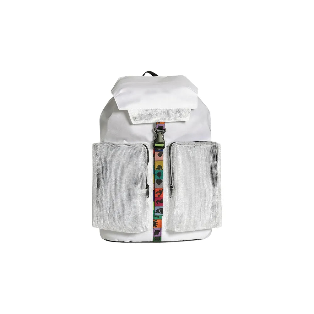 Custom branded RPET sports backpack in white with EVA mesh pockets and colourful strap, eco corporate bag Australia by Wumble Merch