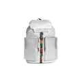 Custom branded RPET sports backpack in white with EVA mesh pockets and colourful strap, eco corporate bag Australia by Wumble Merch