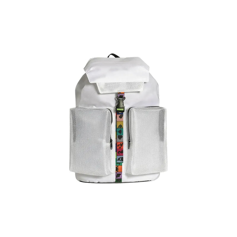 Custom branded RPET sports backpack in white with EVA mesh pockets and colourful strap, eco corporate bag Australia by Wumble Merch