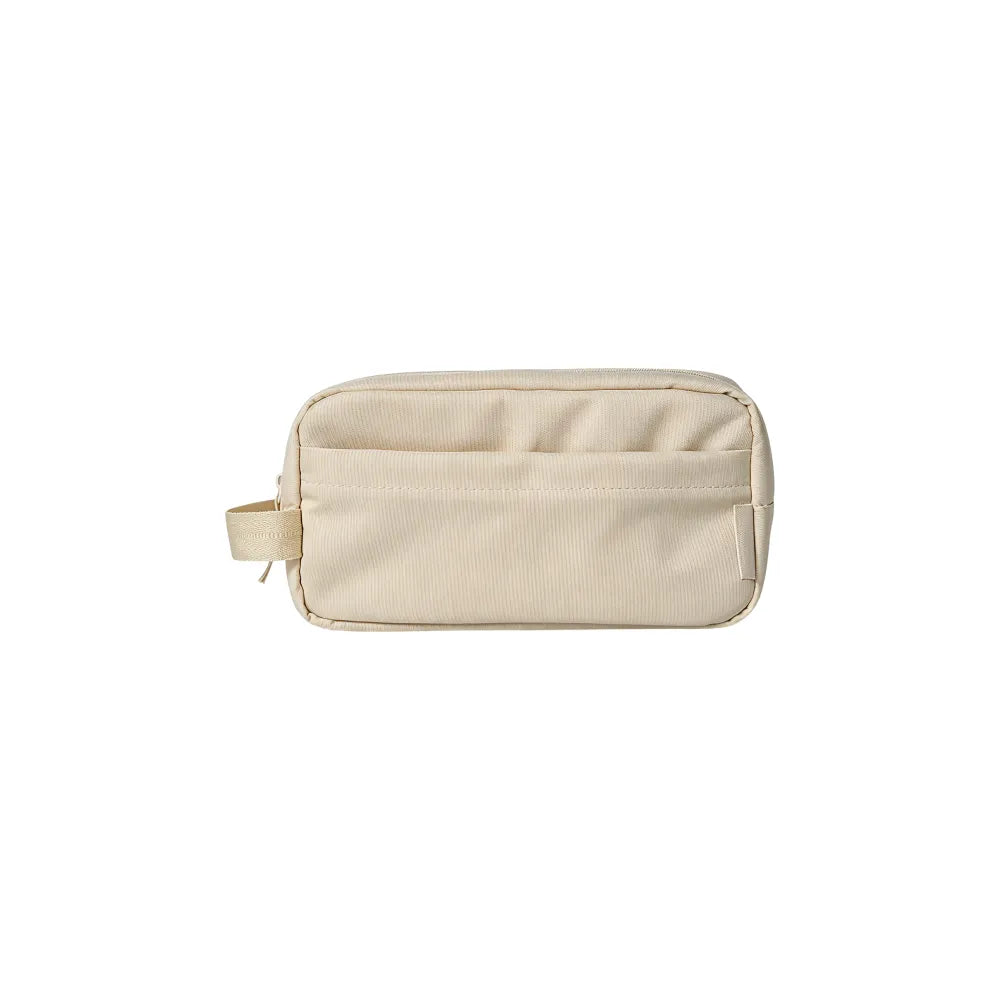 Custom branded RPET toiletry bag in cream with zipper and carry handle, sustainable bulk merch Australia by Wumble