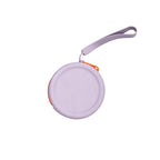 Custom branded round silicone cable pouch in taro purple with orange zipper, bulk tech merch Australia by Wumble