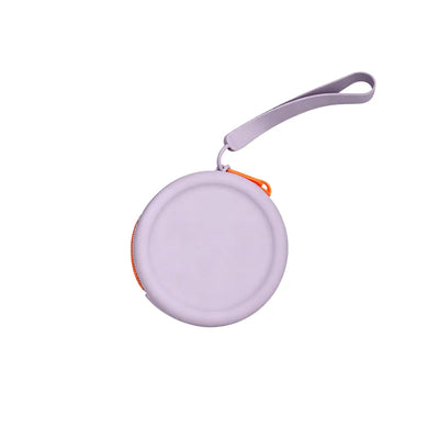 Custom branded round silicone cable pouch in taro purple with orange zipper, bulk tech merch Australia by Wumble