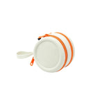 Custom branded round silicone cable pouch in white with orange zipper, bulk tech merch Australia by Wumble