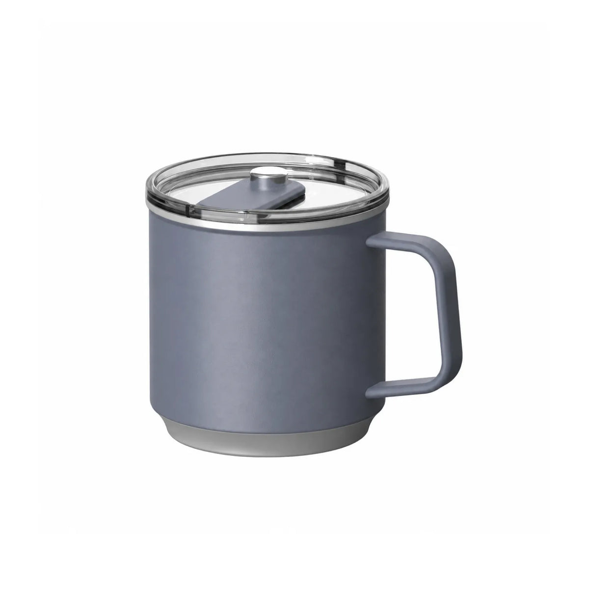 Slate blue-grey mug with a squared handle, grey base ring and a clear slide lid with a chrome knob.