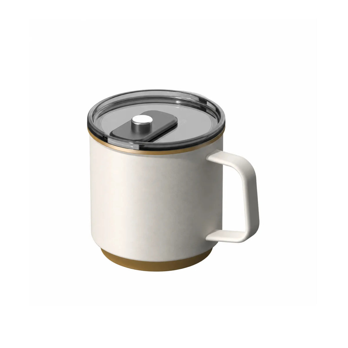 Off white mug with a squared handle, gold rim and base bands and a clear slide lid with a chrome knob.
