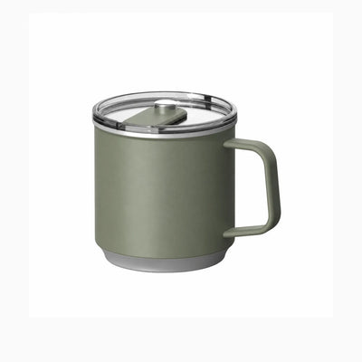 Sage green mug with a squared handle, grey base ring and a clear slide lid with a chrome knob.