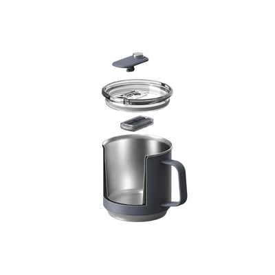 Exploded view of a mug with the slide plate, clear lid and seal ring separated above the body.