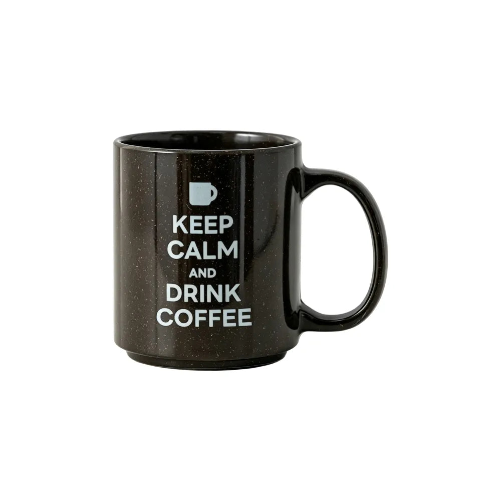 Dark brown stackable recycled coffee grounds mug printed with a sample "keep calm and drink coffee" design in white, white background, branded example