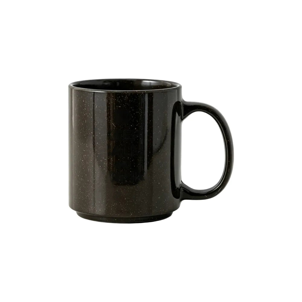 Dark brown speckled 350ml stackable recycled coffee grounds mug on a white background, side view showing the ergonomic handle, no branding applied