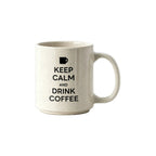 Off-white stackable recycled coffee grounds mug printed with a sample "keep calm and drink coffee" design in black, white background, branded example