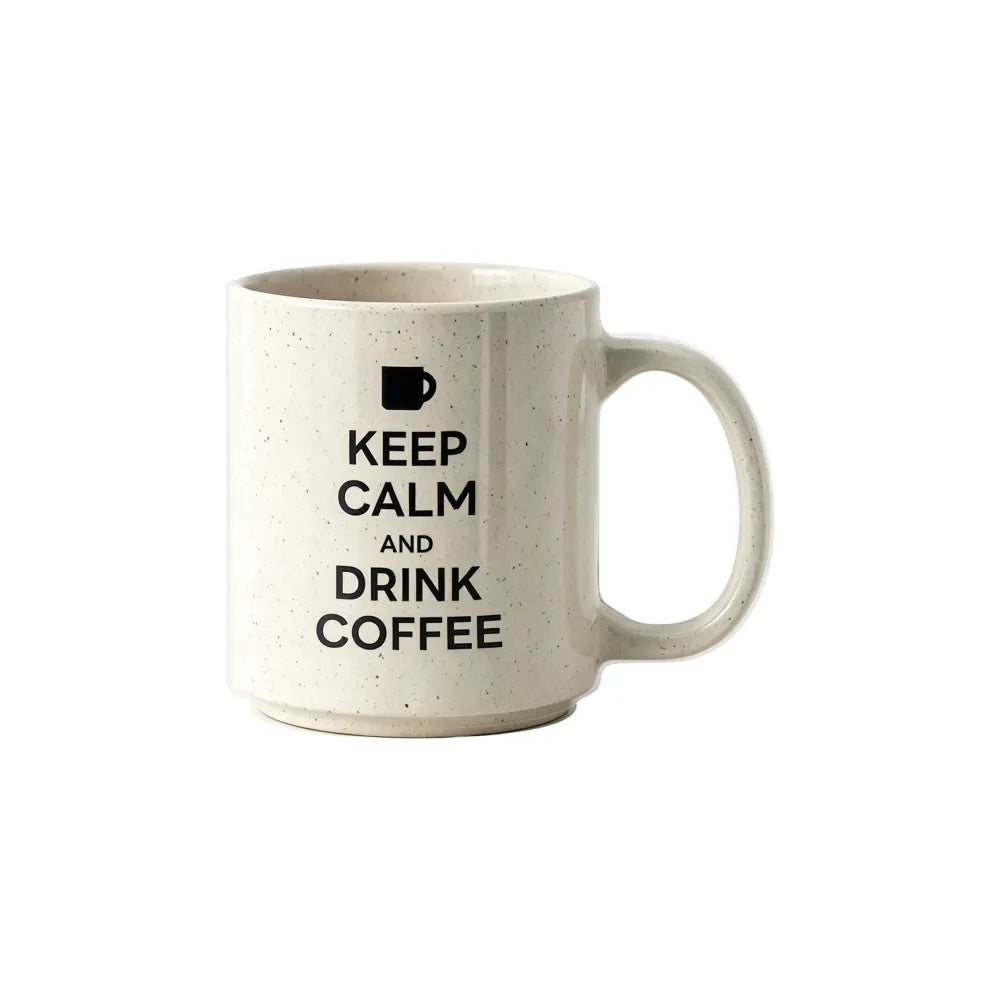 Off-white stackable recycled coffee grounds mug printed with a sample "keep calm and drink coffee" design in black, white background, branded example