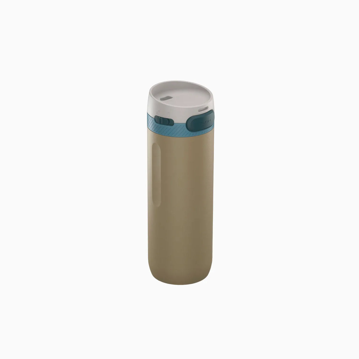 Khaki brown drink bottle with a grey and teal push-button lid and a long recessed side grip.