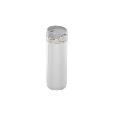 Light grey drink bottle with a grey and cream push-button lid and a long recessed side grip.