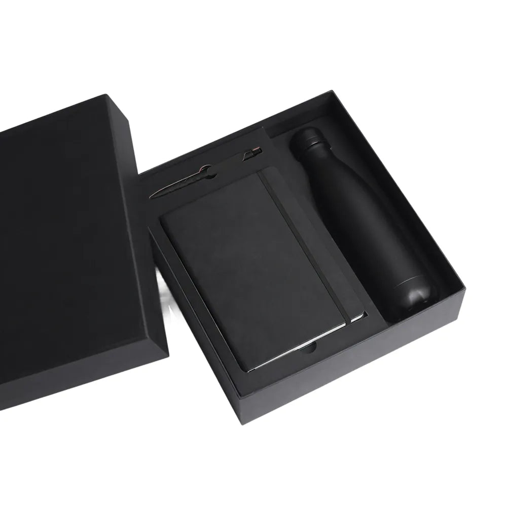 Black A5 Tyvek notebook and insulated bottle executive gift kit by Wumble Merch Australia