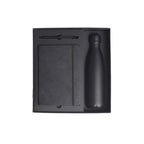 A5 Tyvek notebook and matte black insulated bottle welcome kit in black lift-off gift box with foam insert, viewed from above, no branding applied