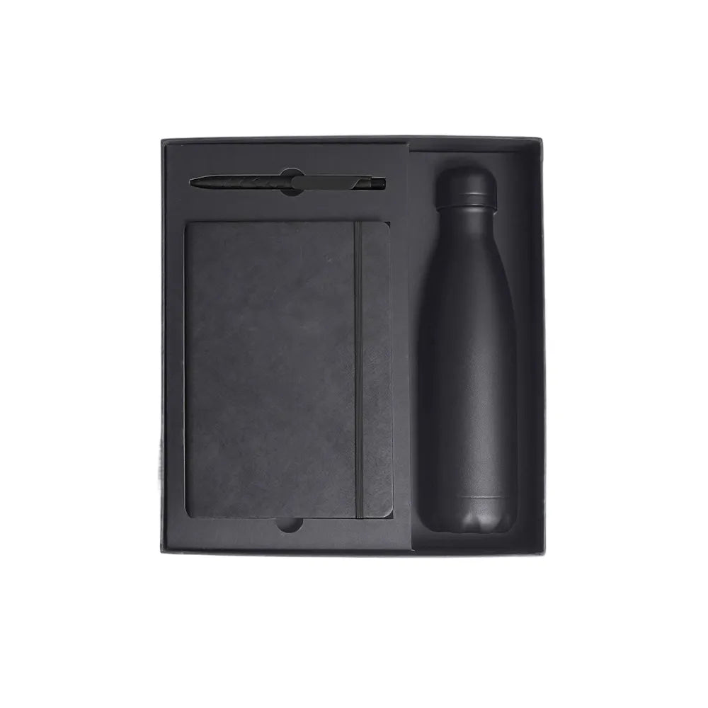 A5 Tyvek notebook and matte black insulated bottle welcome kit in black lift-off gift box with foam insert, viewed from above, no branding applied