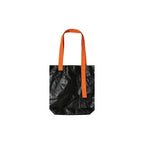 Custom branded Tyvek paper tote bag in black with orange cotton handles, bulk eco event bag Australia by Wumble Merch