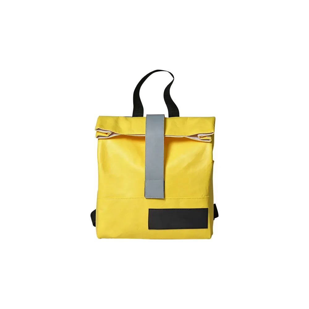 Custom branded Tyvek roll-top backpack in yellow with contrast grey strap and black handles, eco corporate bag Australia by Wumble Merch