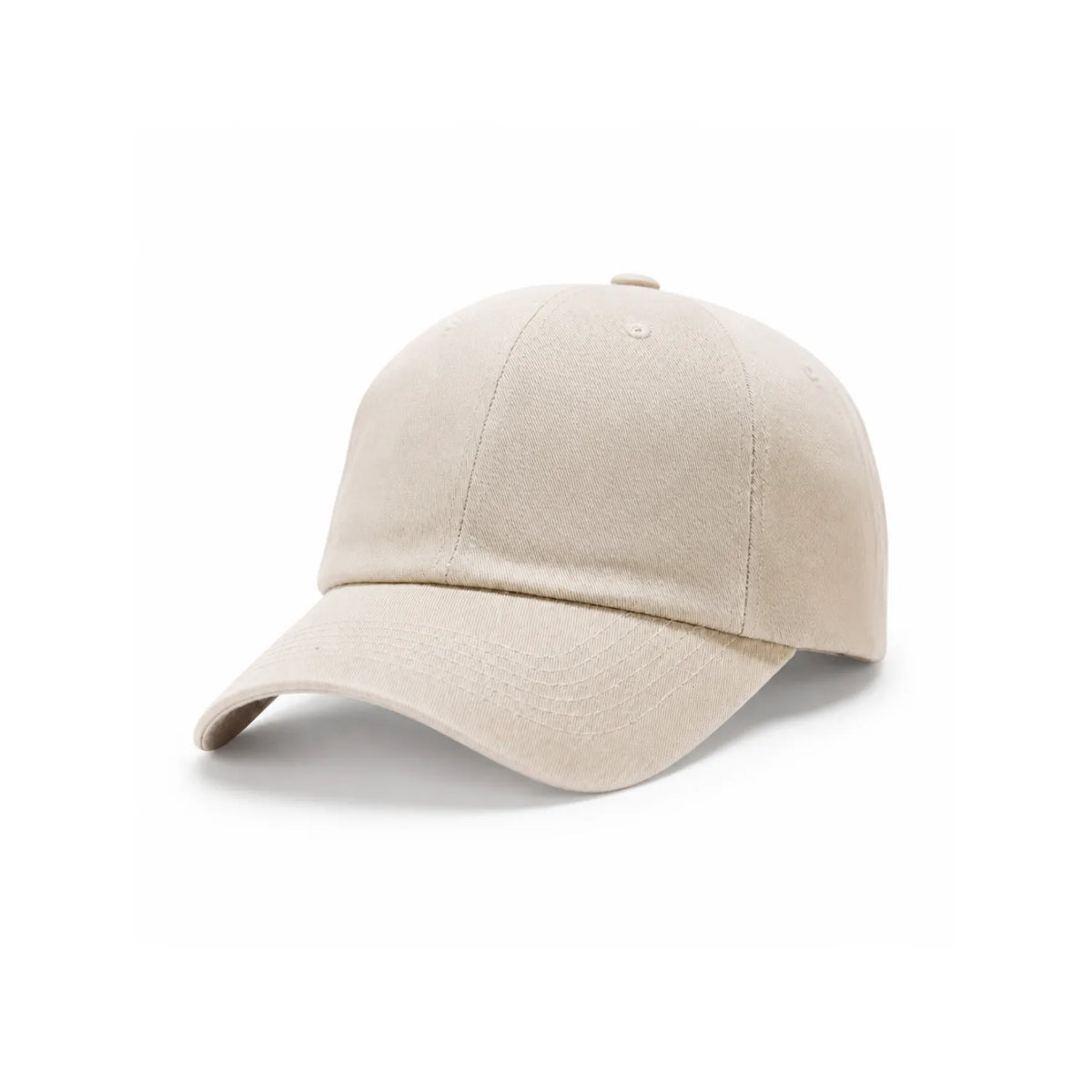 A classic six-panel soft cotton cap in a beige grey shown from a three-quarters angle on a clean white background.