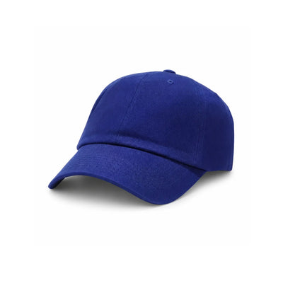 An indigo blue soft cotton cap with a curved brim, shown from a three-quarters angle on a clean white background.
