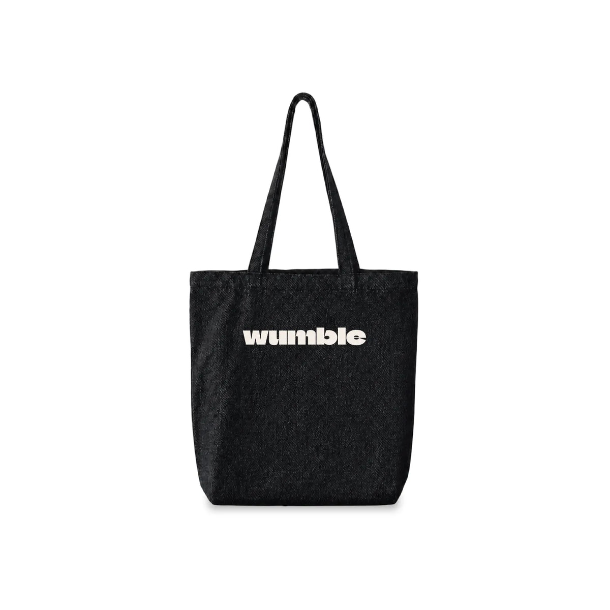 A black demim tote bag with two shoulder straps and the customised brand 'wumble' logo printed in white across the front, shown against a plain white background.